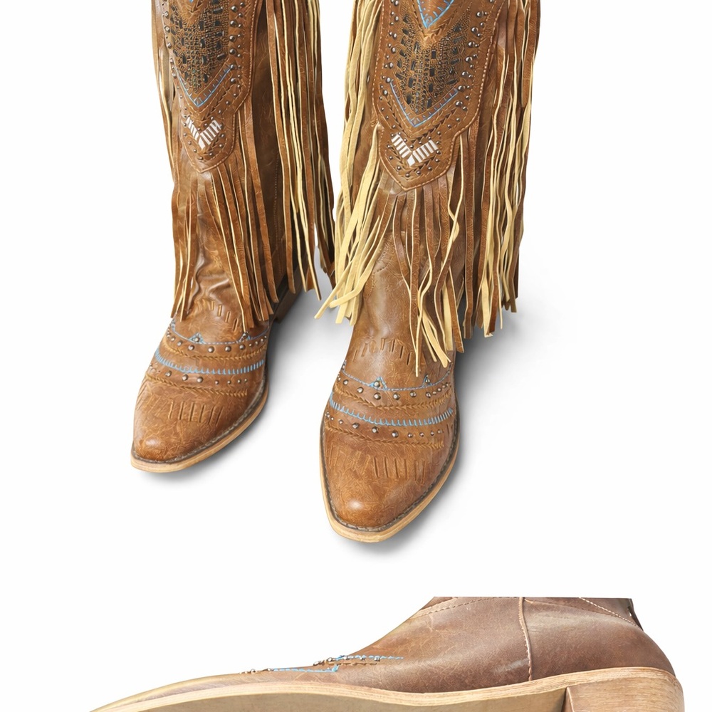 SHEIN Brown Fringe Western Heeled Boots